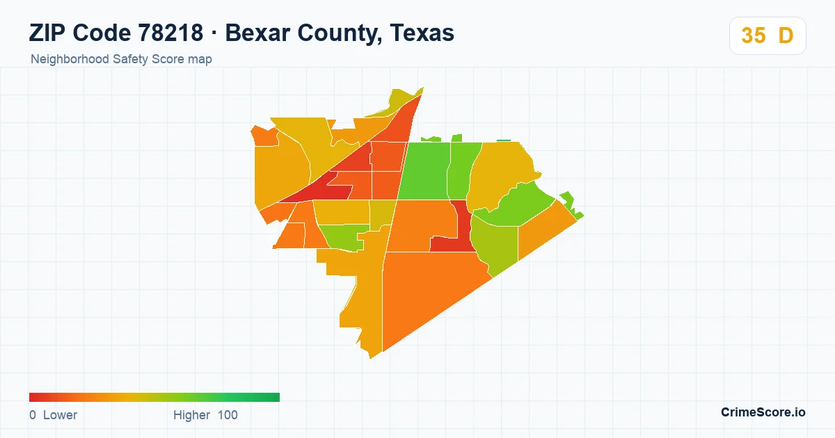 ZIP Code 78218 in Bexar County, Texas neighborhood Safety Score map