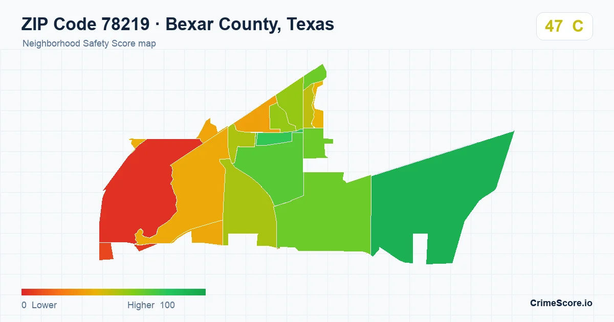 ZIP Code 78219 in Bexar County, Texas neighborhood Safety Score map