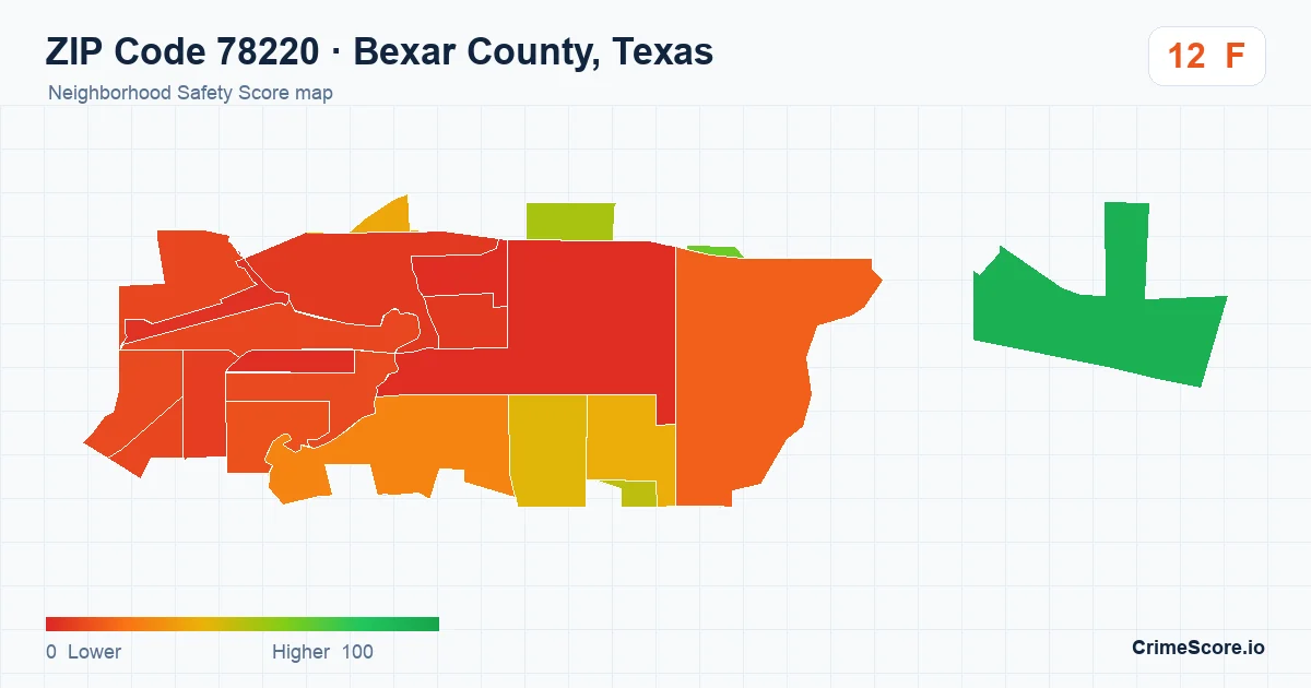 ZIP Code 78220 in Bexar County, Texas neighborhood Safety Score map