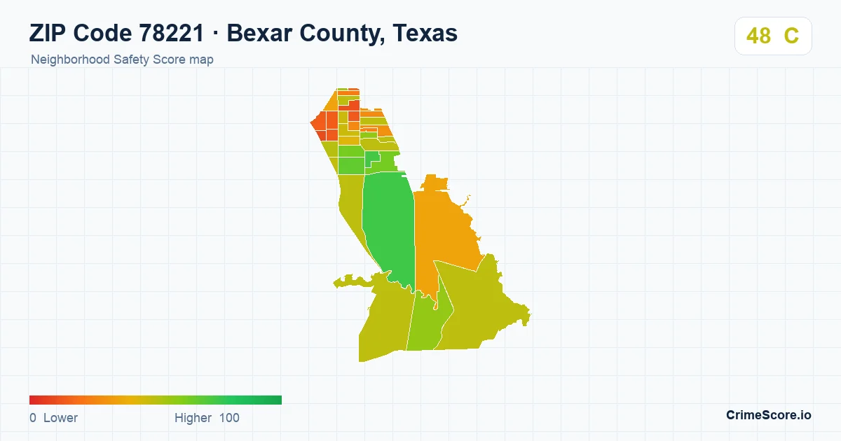ZIP Code 78221 in Bexar County, Texas neighborhood Safety Score map