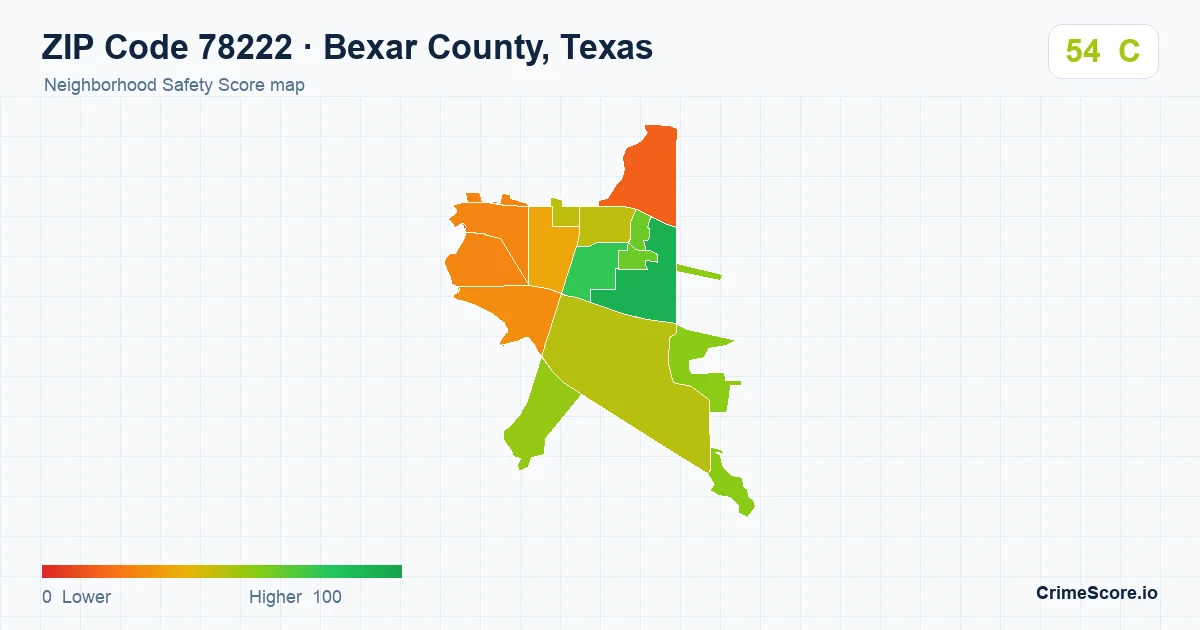 ZIP Code 78222 in Bexar County, Texas neighborhood Safety Score map