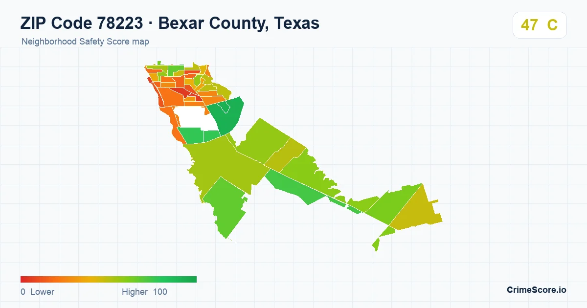 ZIP Code 78223 in Bexar County, Texas neighborhood Safety Score map