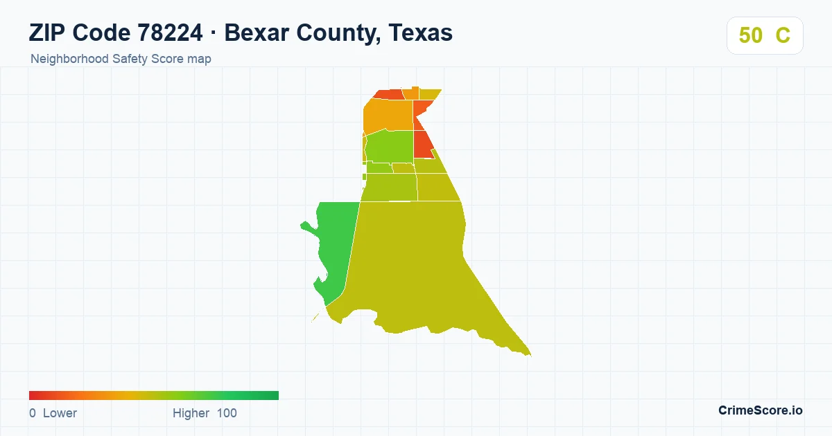 ZIP Code 78224 in Bexar County, Texas neighborhood Safety Score map
