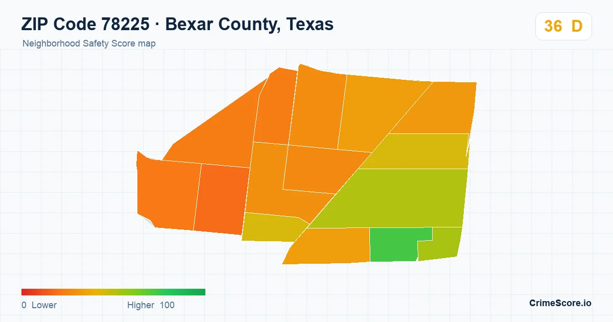 ZIP Code 78225 in Bexar County, Texas neighborhood Safety Score map