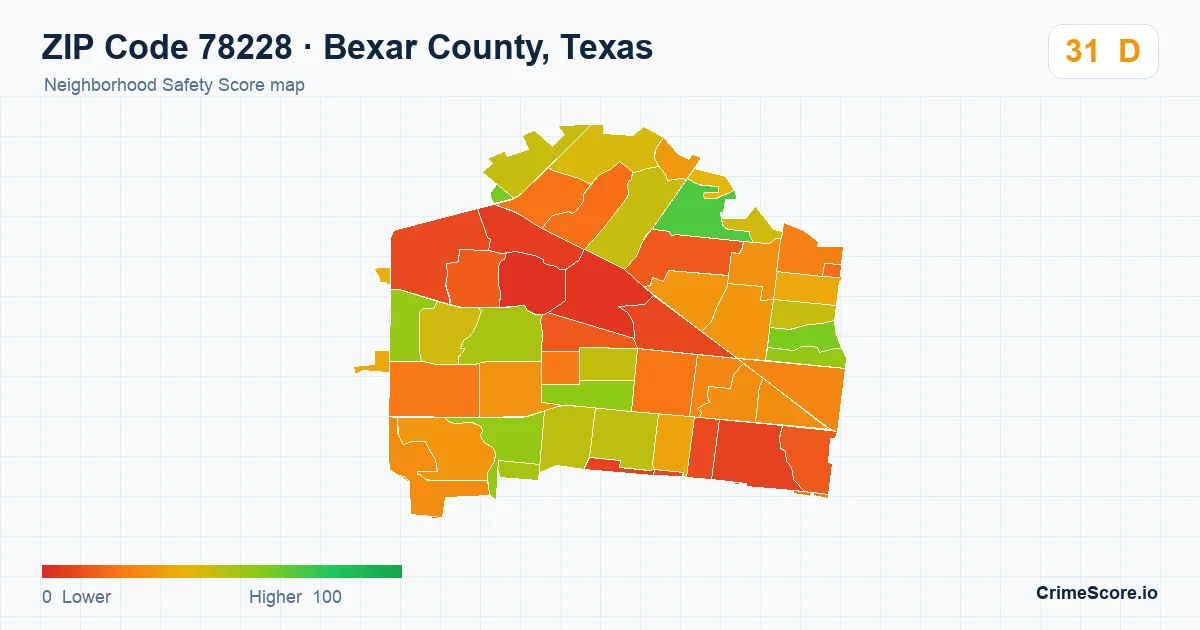ZIP Code 78228 in Bexar County, Texas neighborhood Safety Score map