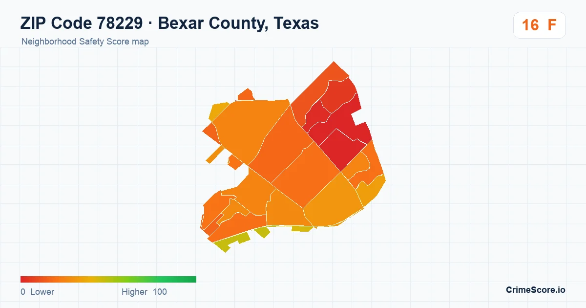 ZIP Code 78229 in Bexar County, Texas neighborhood Safety Score map