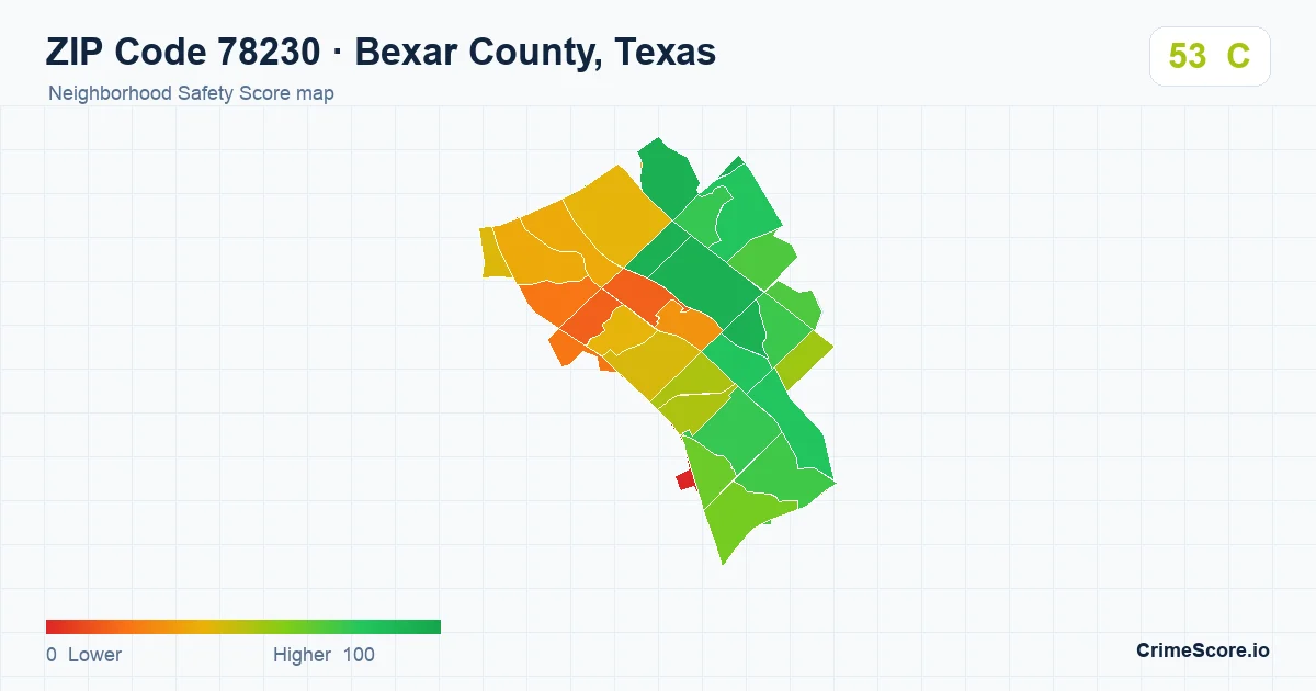 ZIP Code 78230 in Bexar County, Texas neighborhood Safety Score map