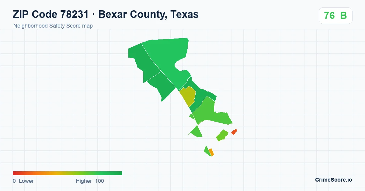 ZIP Code 78231 in Bexar County, Texas neighborhood Safety Score map