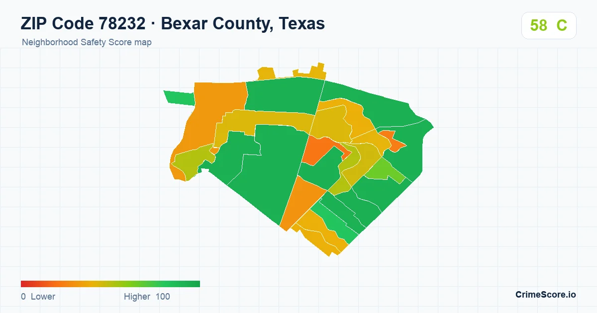 ZIP Code 78232 in Bexar County, Texas neighborhood Safety Score map