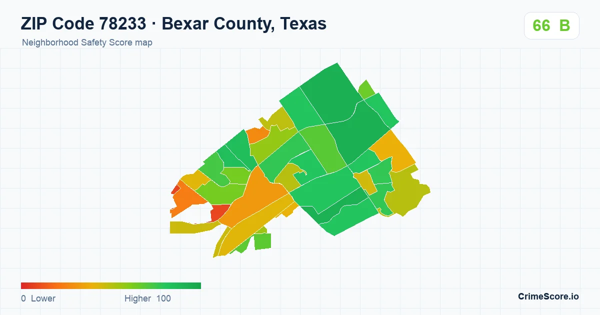 ZIP Code 78233 in Bexar County, Texas neighborhood Safety Score map