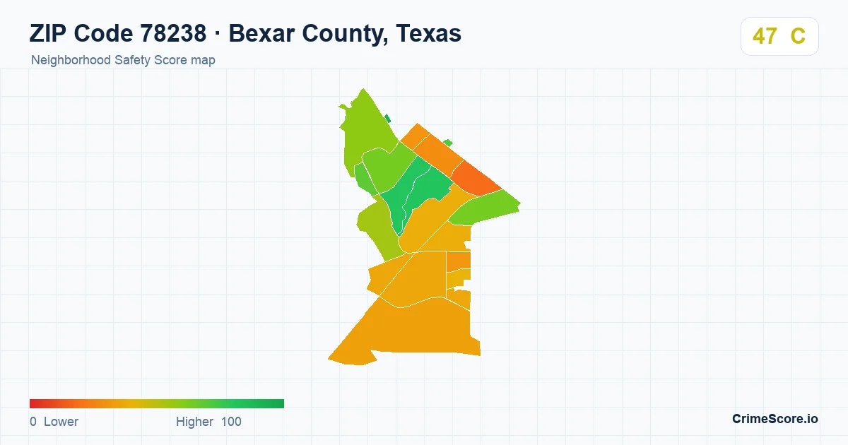 ZIP Code 78238 in Bexar County, Texas neighborhood Safety Score map