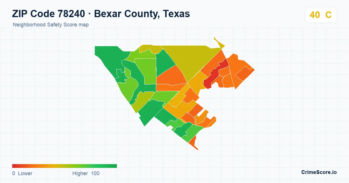 ZIP Code 78240 in Bexar County, Texas neighborhood Safety Score map