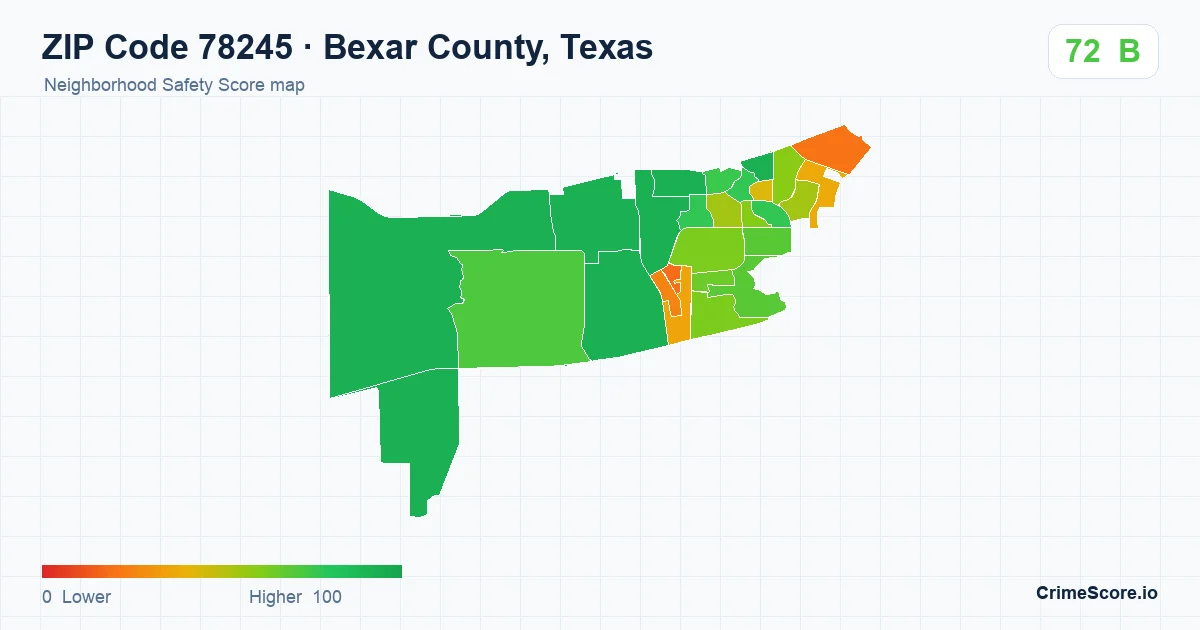 ZIP Code 78245 in Bexar County, Texas neighborhood Safety Score map