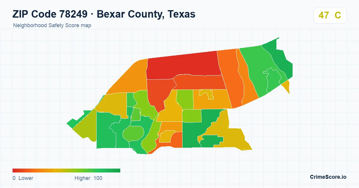 ZIP Code 78249 in Bexar County, Texas neighborhood Safety Score map