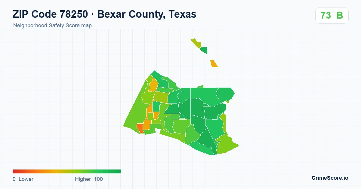 ZIP Code 78250 in Bexar County, Texas neighborhood Safety Score map