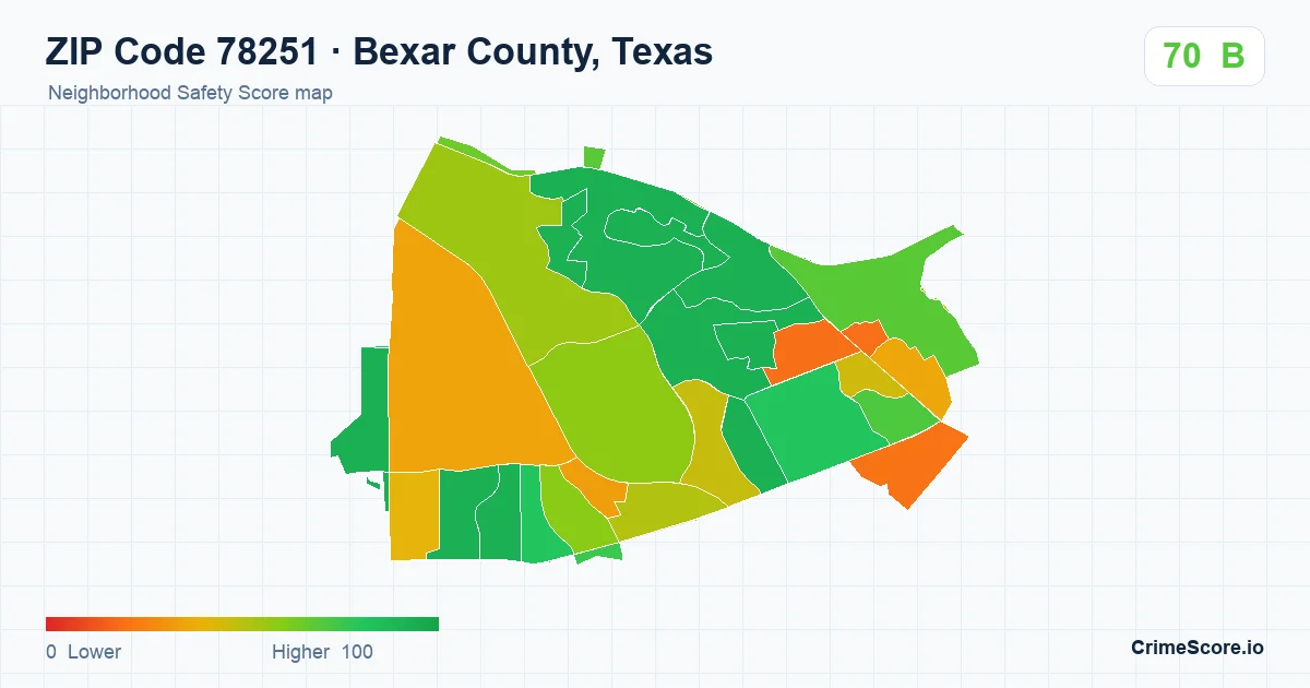 ZIP Code 78251 in Bexar County, Texas neighborhood Safety Score map