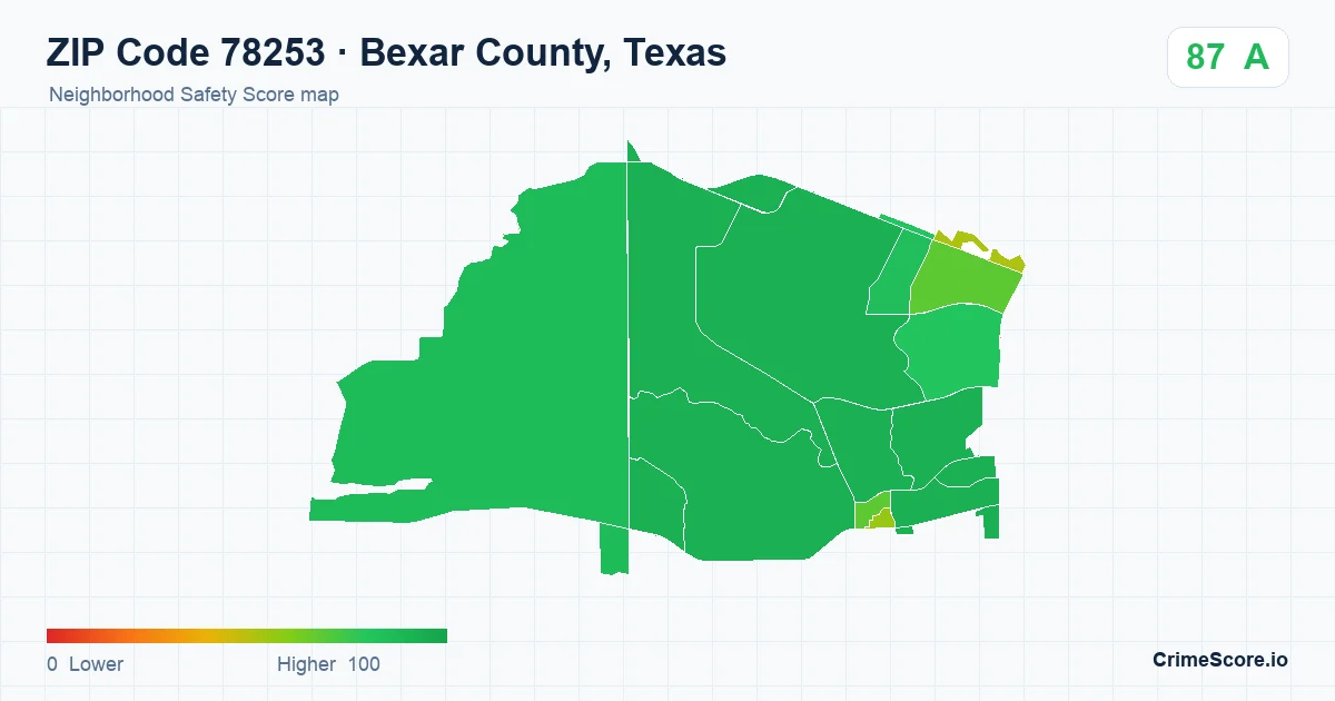 ZIP Code 78253 in Bexar County, Texas neighborhood Safety Score map