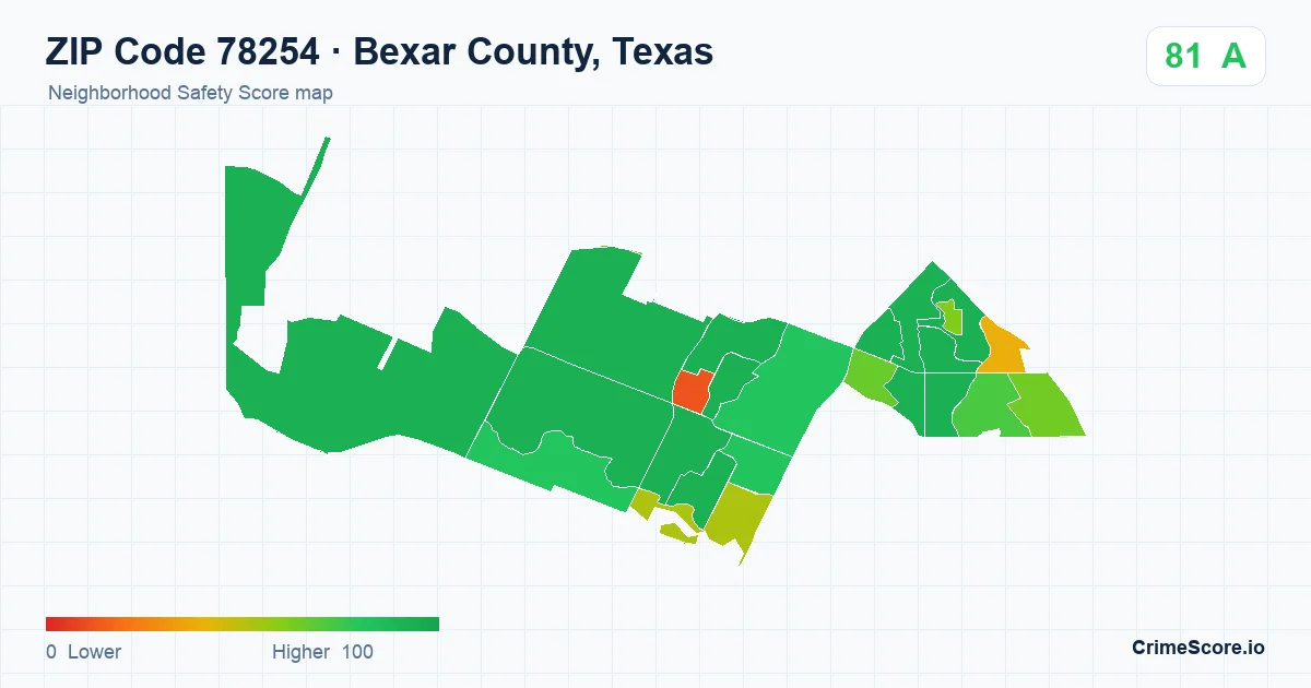 ZIP Code 78254 in Bexar County, Texas neighborhood Safety Score map