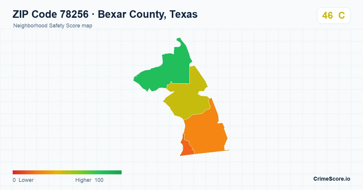 ZIP Code 78256 in Bexar County, Texas neighborhood Safety Score map