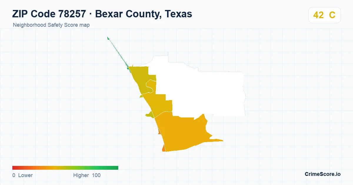 ZIP Code 78257 in Bexar County, Texas neighborhood Safety Score map