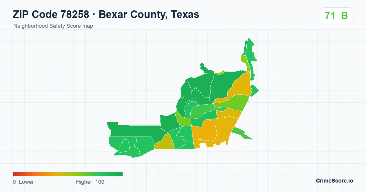 ZIP Code 78258 in Bexar County, Texas neighborhood Safety Score map