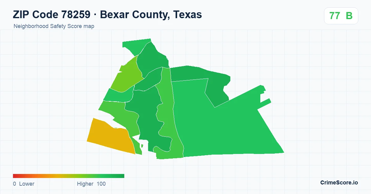 ZIP Code 78259 in Bexar County, Texas neighborhood Safety Score map