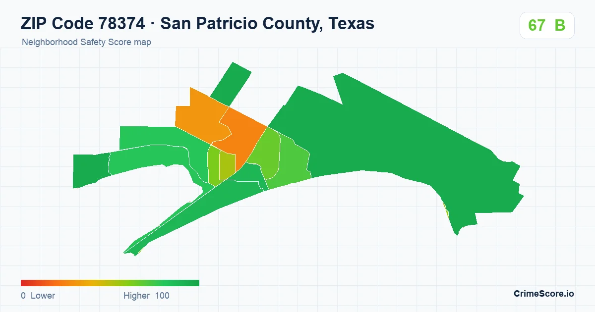 ZIP Code 78374 in San Patricio County, Texas neighborhood Safety Score map