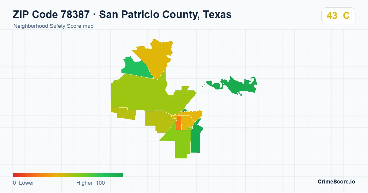 ZIP Code 78387 in San Patricio County, Texas neighborhood Safety Score map