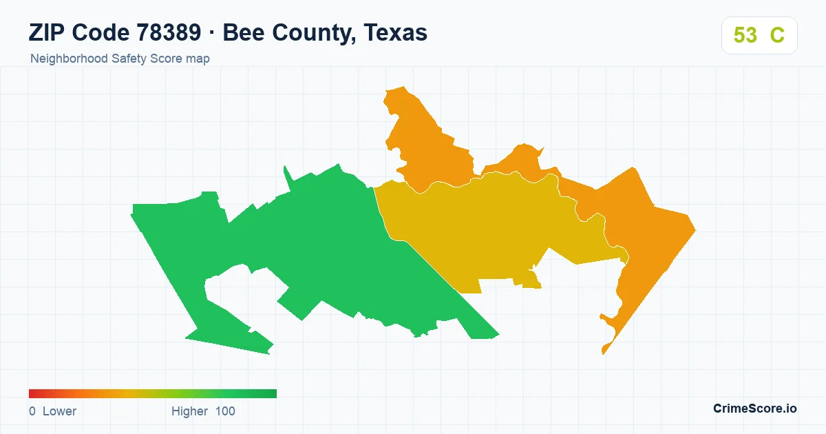 ZIP Code 78389 in Bee County, Texas neighborhood Safety Score map