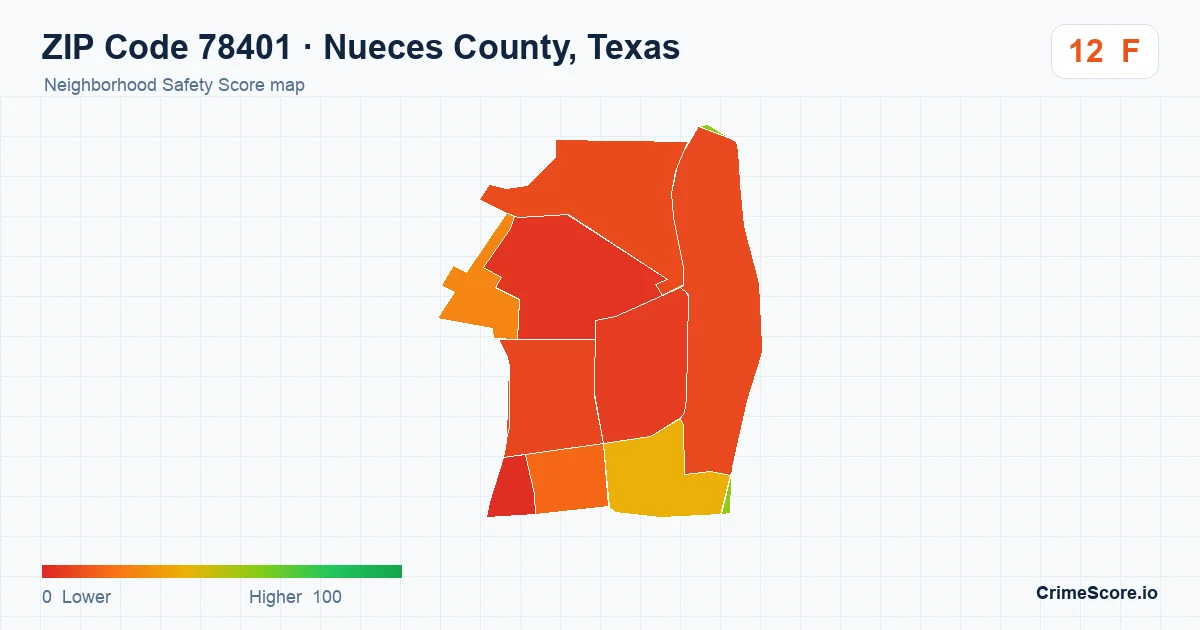 ZIP Code 78401 in Nueces County, Texas neighborhood Safety Score map