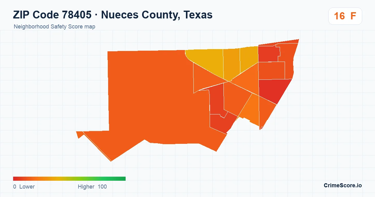 ZIP Code 78405 in Nueces County, Texas neighborhood Safety Score map