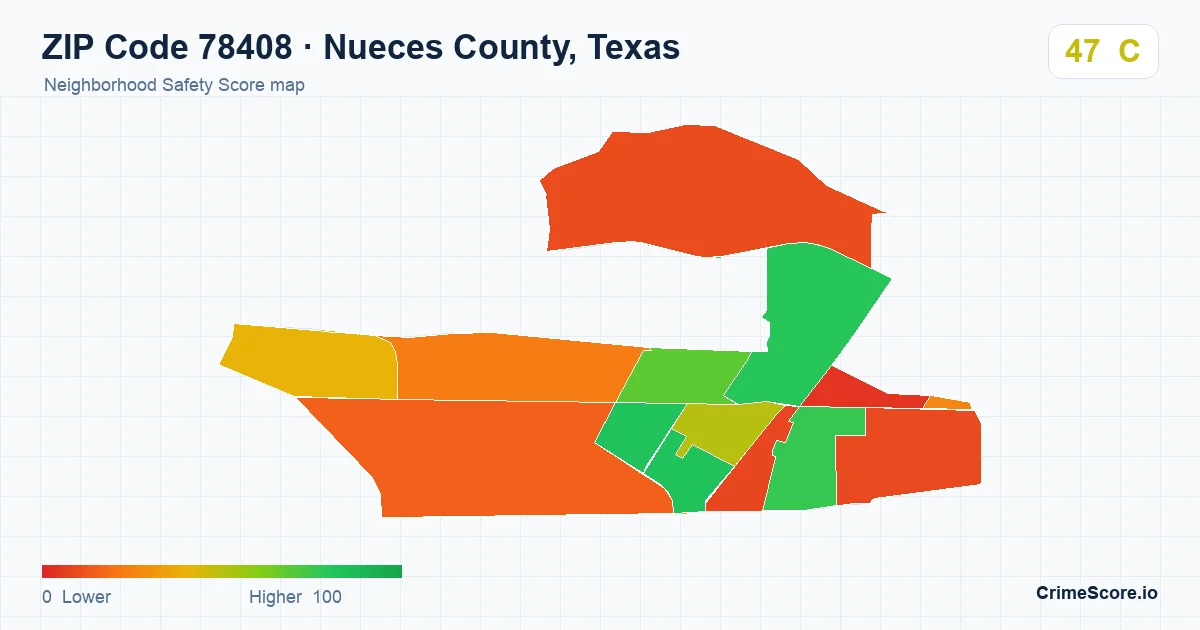 ZIP Code 78408 in Nueces County, Texas neighborhood Safety Score map