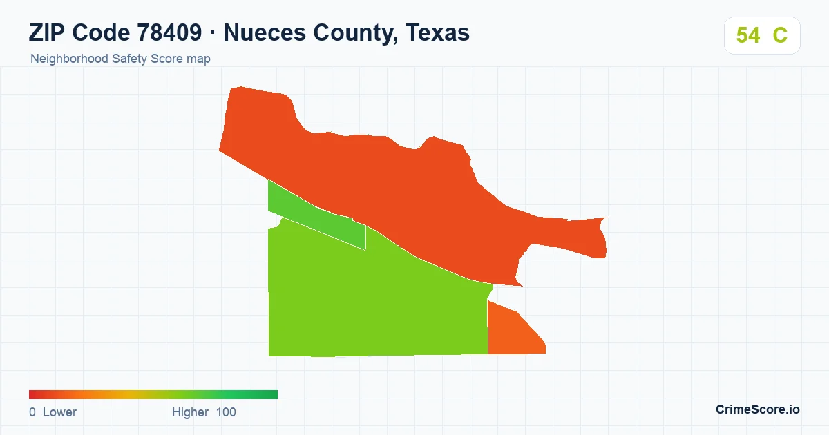 ZIP Code 78409 in Nueces County, Texas neighborhood Safety Score map