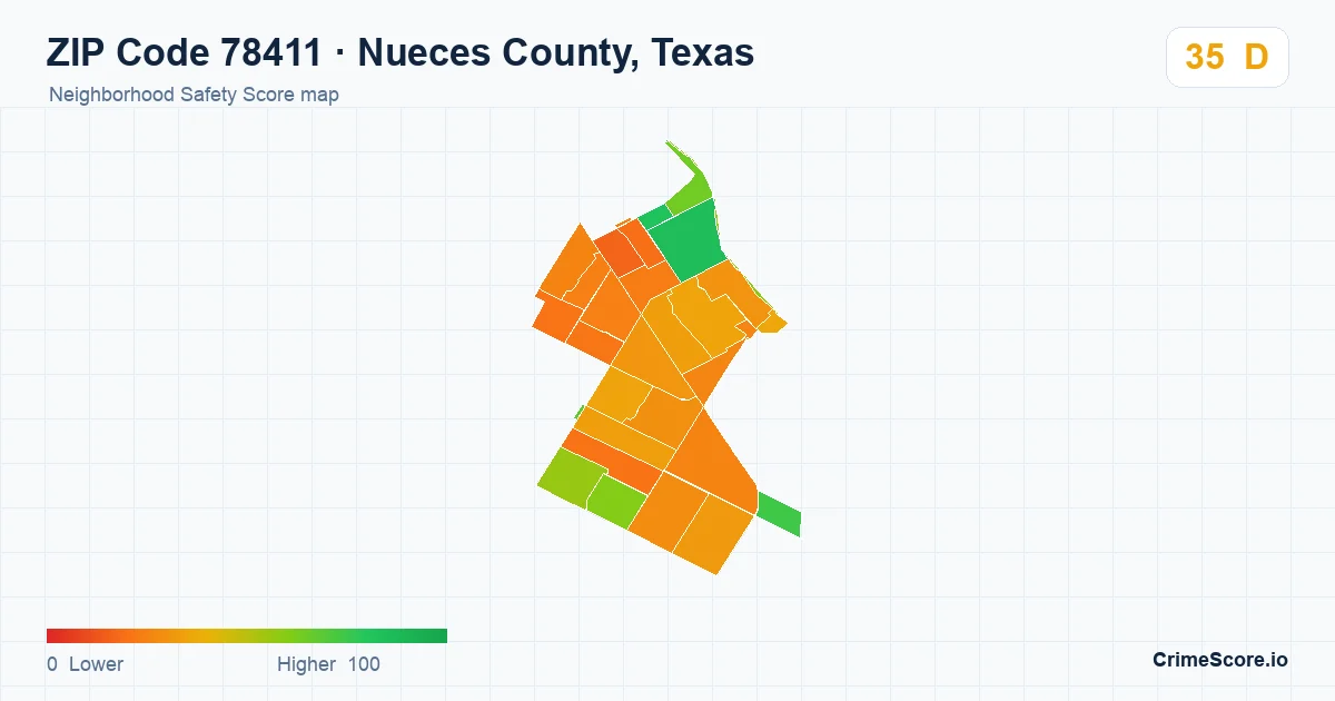 ZIP Code 78411 in Nueces County, Texas neighborhood Safety Score map