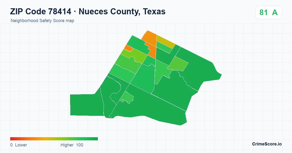 ZIP Code 78414 in Nueces County, Texas neighborhood Safety Score map