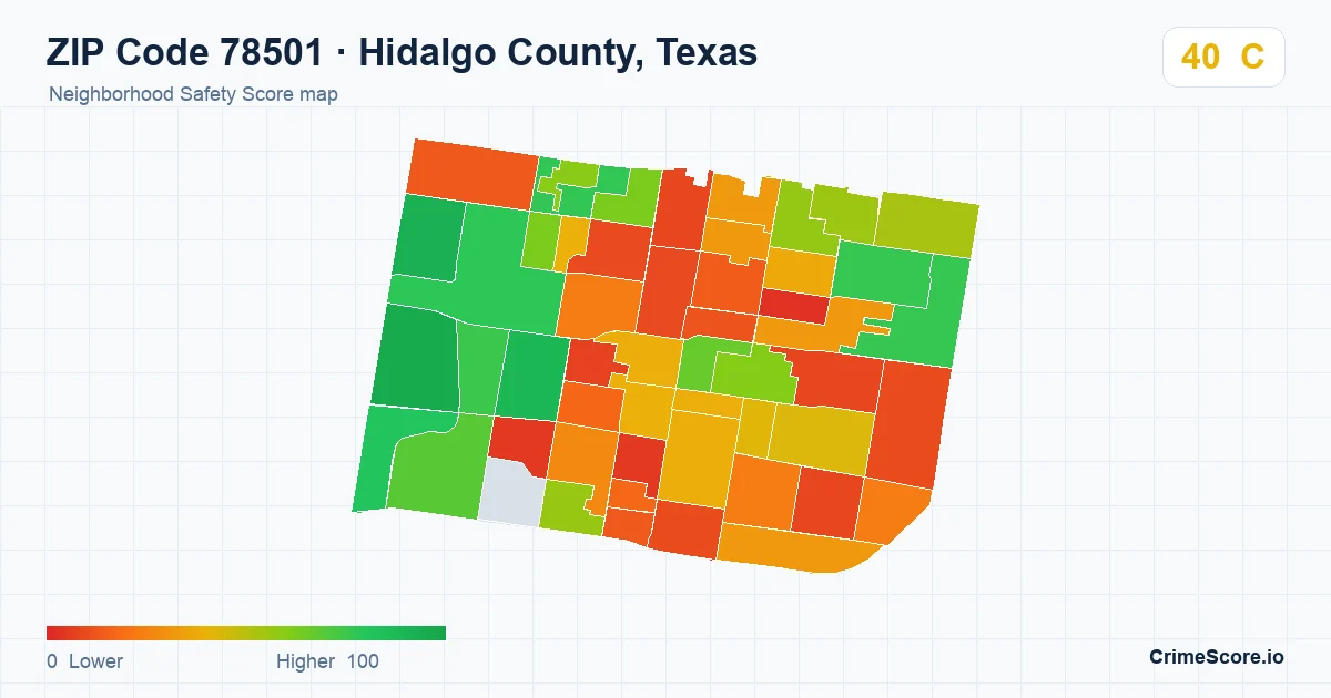 ZIP Code 78501 in Hidalgo County, Texas neighborhood Safety Score map