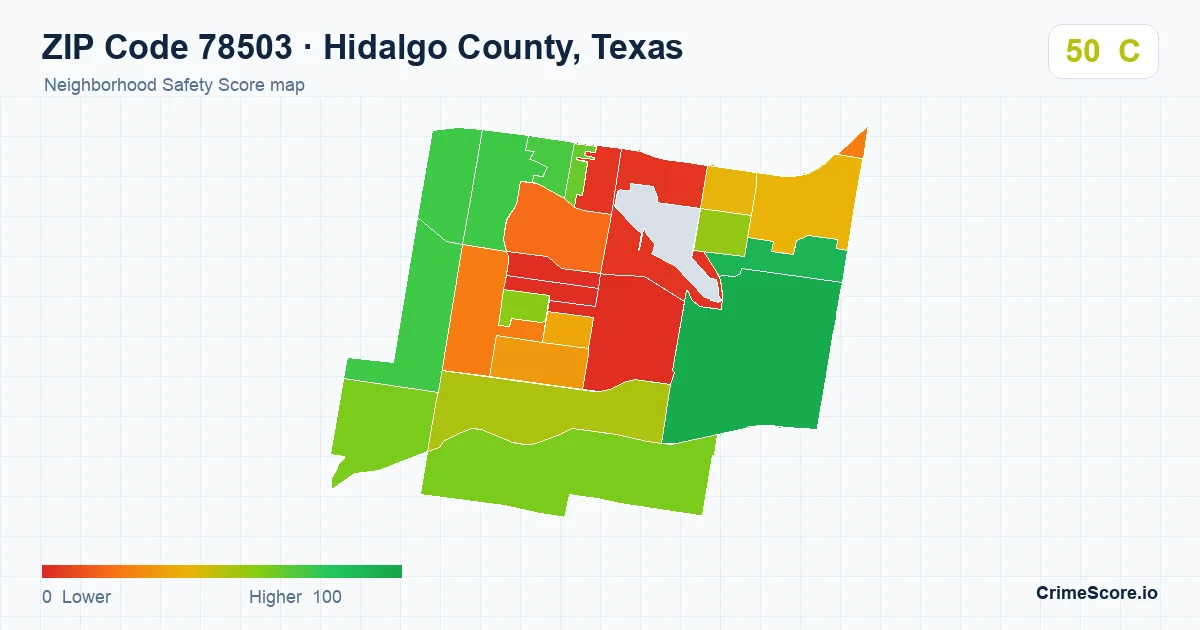 ZIP Code 78503 in Hidalgo County, Texas neighborhood Safety Score map