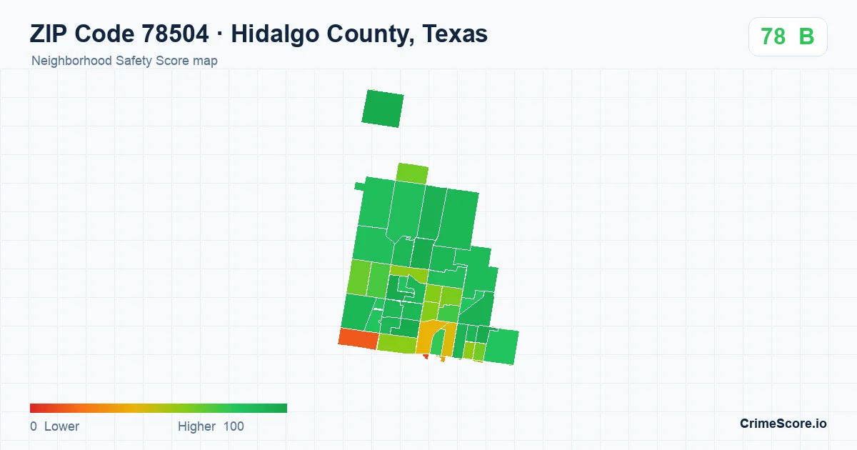 ZIP Code 78504 in Hidalgo County, Texas neighborhood Safety Score map