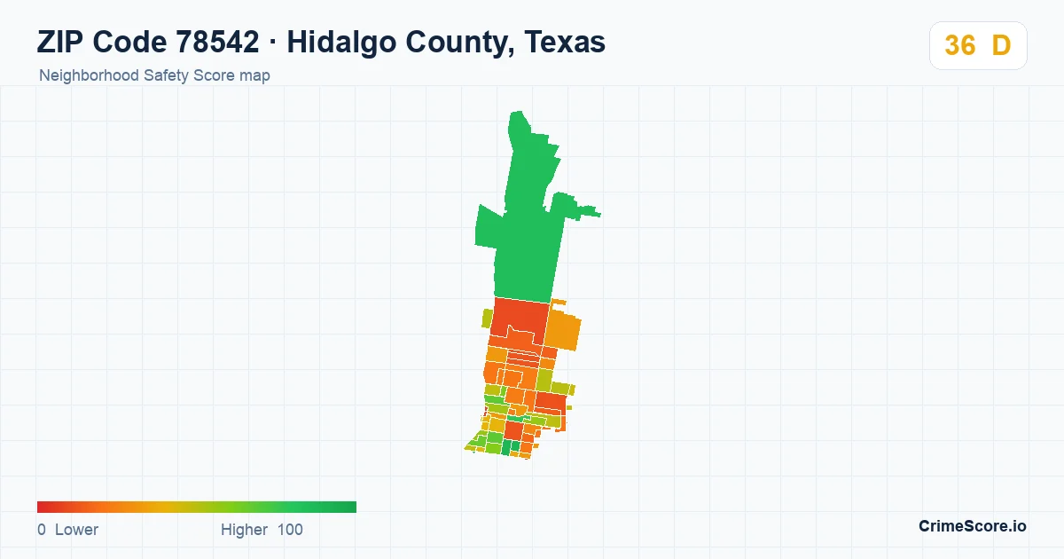 ZIP Code 78542 in Hidalgo County, Texas neighborhood Safety Score map