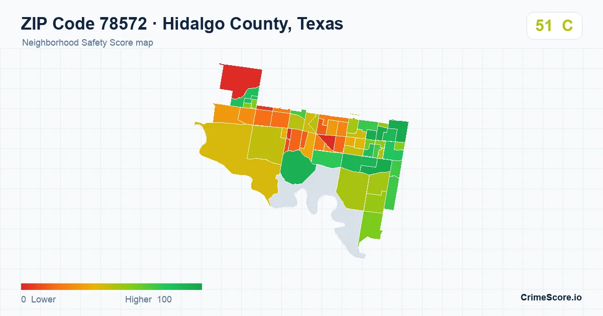 ZIP Code 78572 in Hidalgo County, Texas neighborhood Safety Score map