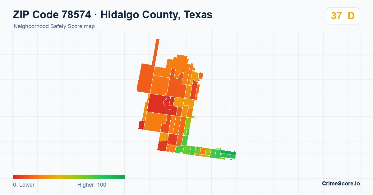 ZIP Code 78574 in Hidalgo County, Texas neighborhood Safety Score map