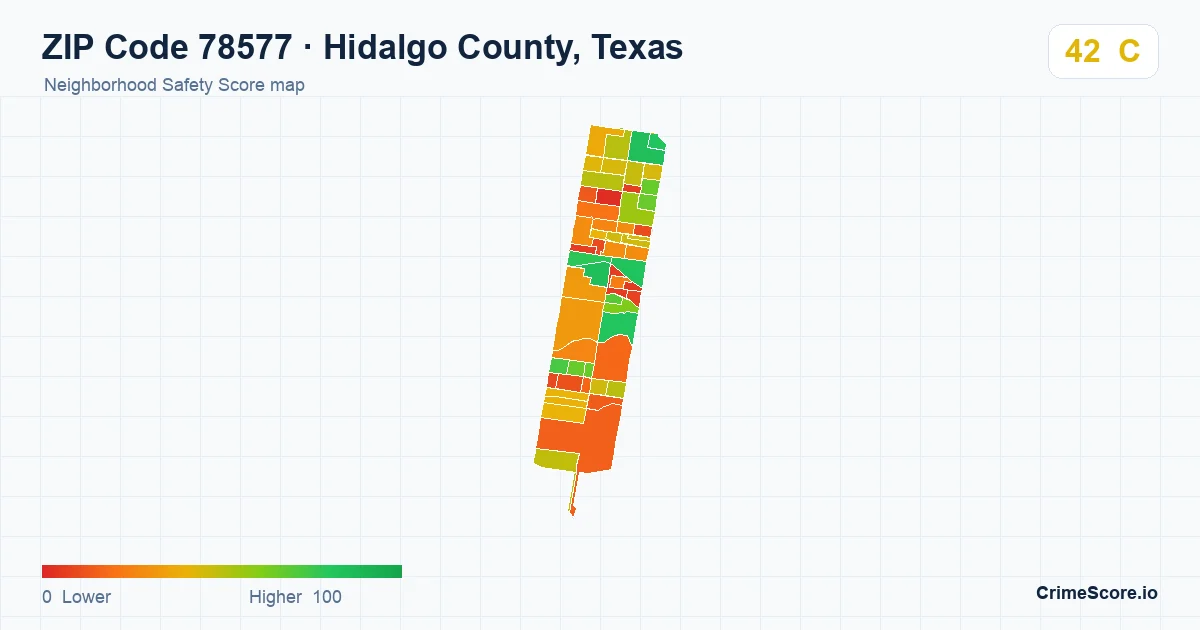 ZIP Code 78577 in Hidalgo County, Texas neighborhood Safety Score map