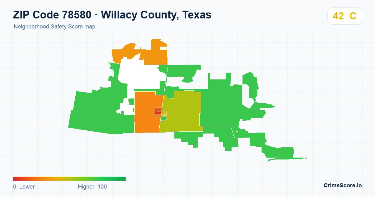 ZIP Code 78580 in Willacy County, Texas neighborhood Safety Score map