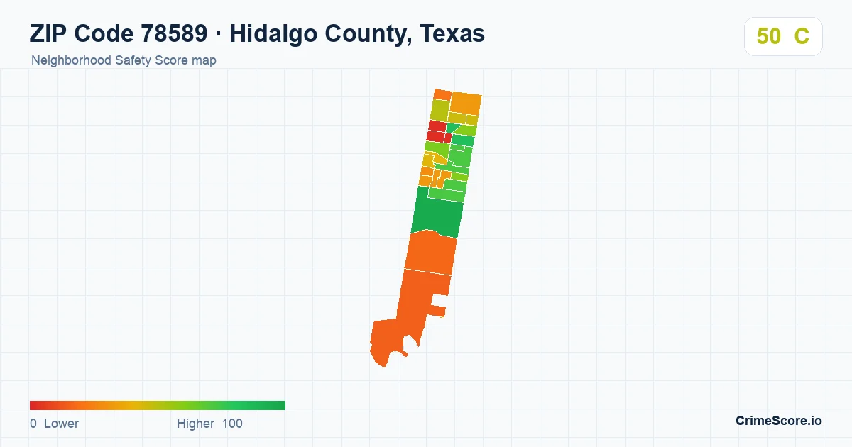 ZIP Code 78589 in Hidalgo County, Texas neighborhood Safety Score map