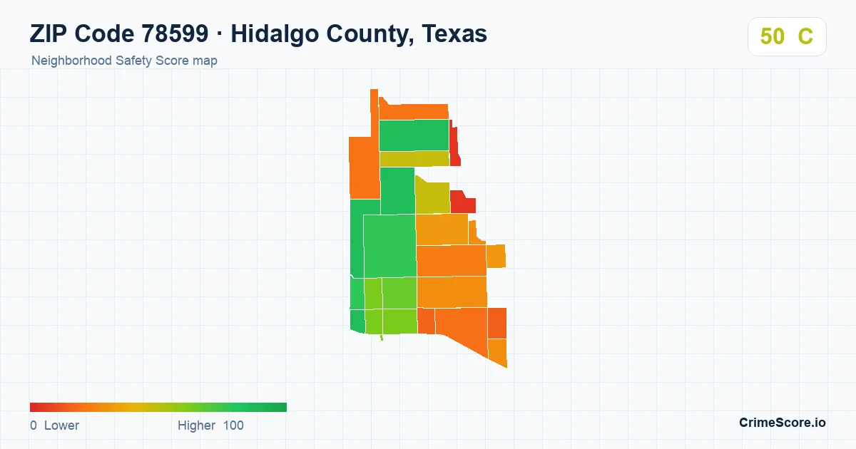 ZIP Code 78599 in Hidalgo County, Texas neighborhood Safety Score map