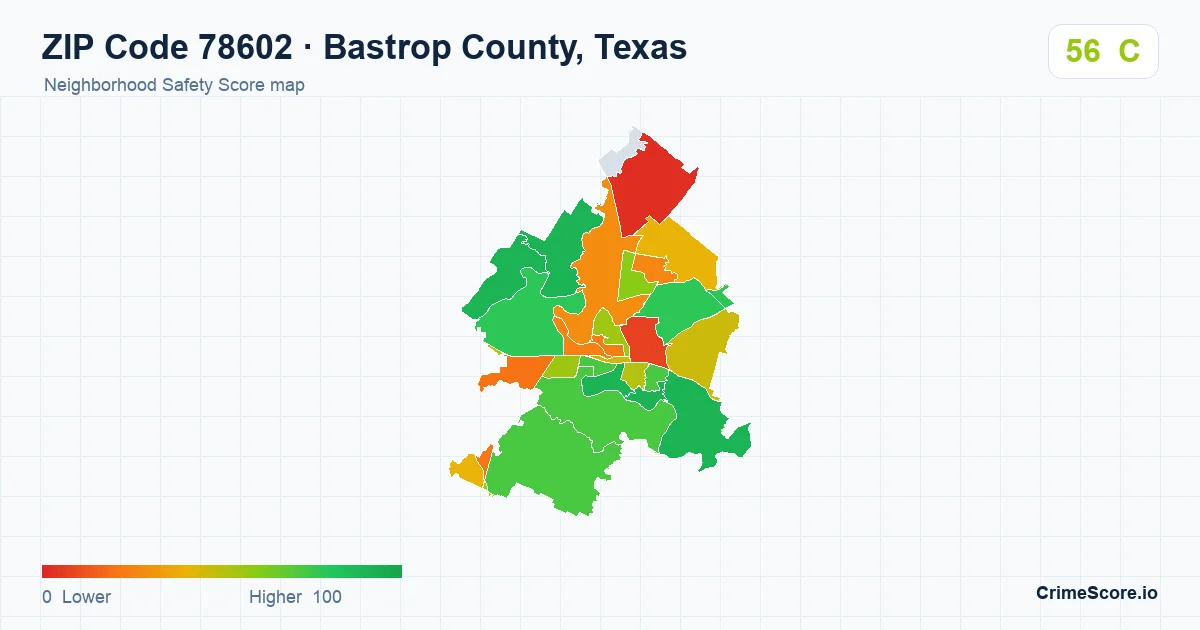 ZIP Code 78602 in Bastrop County, Texas neighborhood Safety Score map