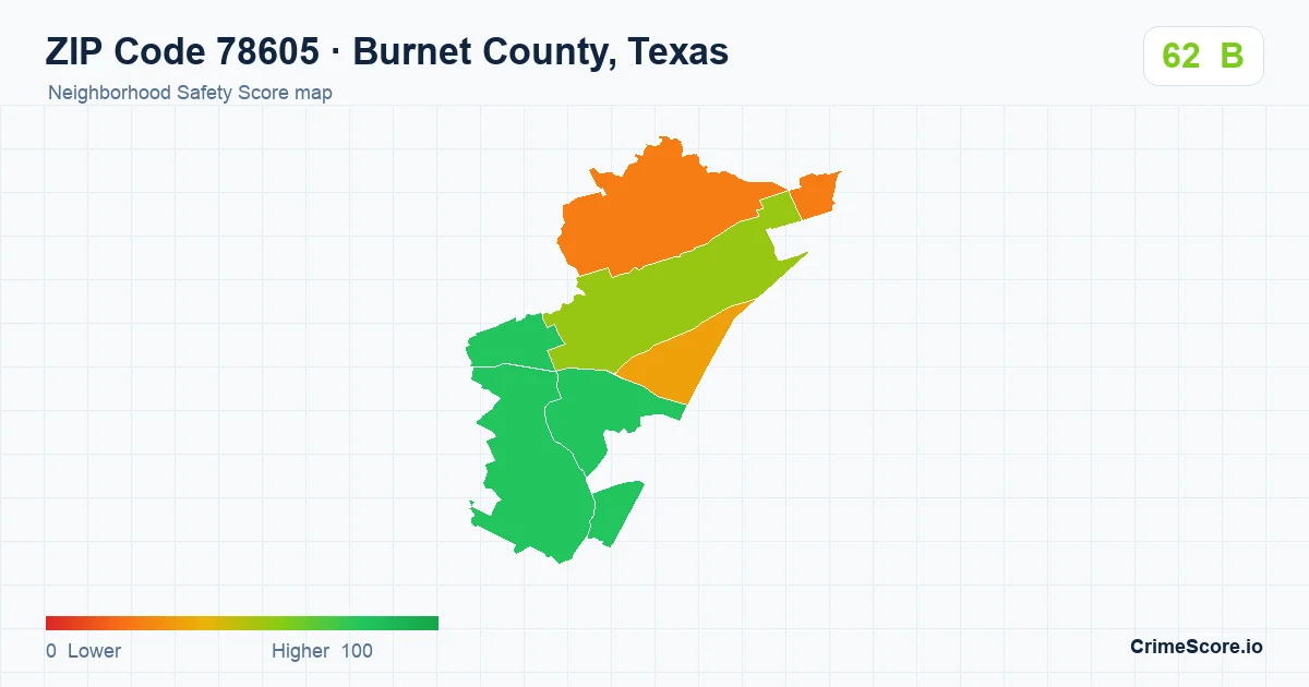 ZIP Code 78605 in Burnet County, Texas neighborhood Safety Score map
