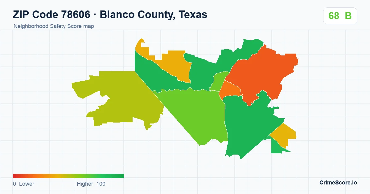 ZIP Code 78606 in Blanco County, Texas neighborhood Safety Score map