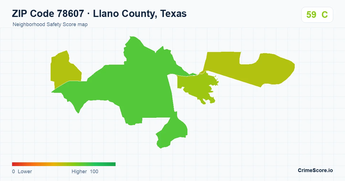 ZIP Code 78607 in Llano County, Texas neighborhood Safety Score map
