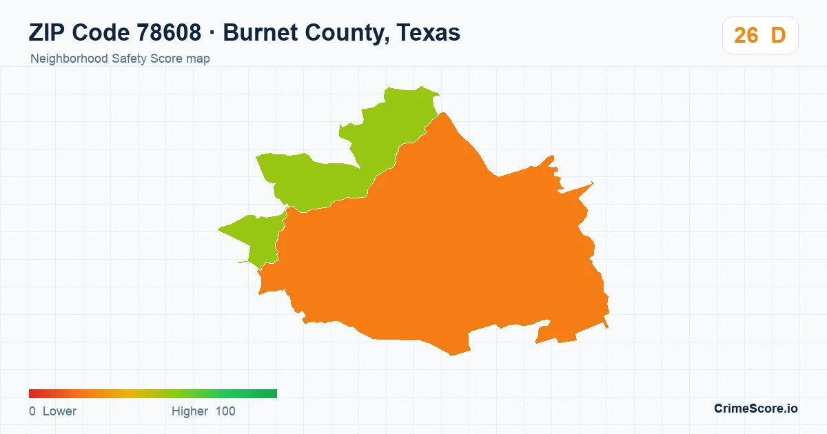 ZIP Code 78608 in Burnet County, Texas neighborhood Safety Score map